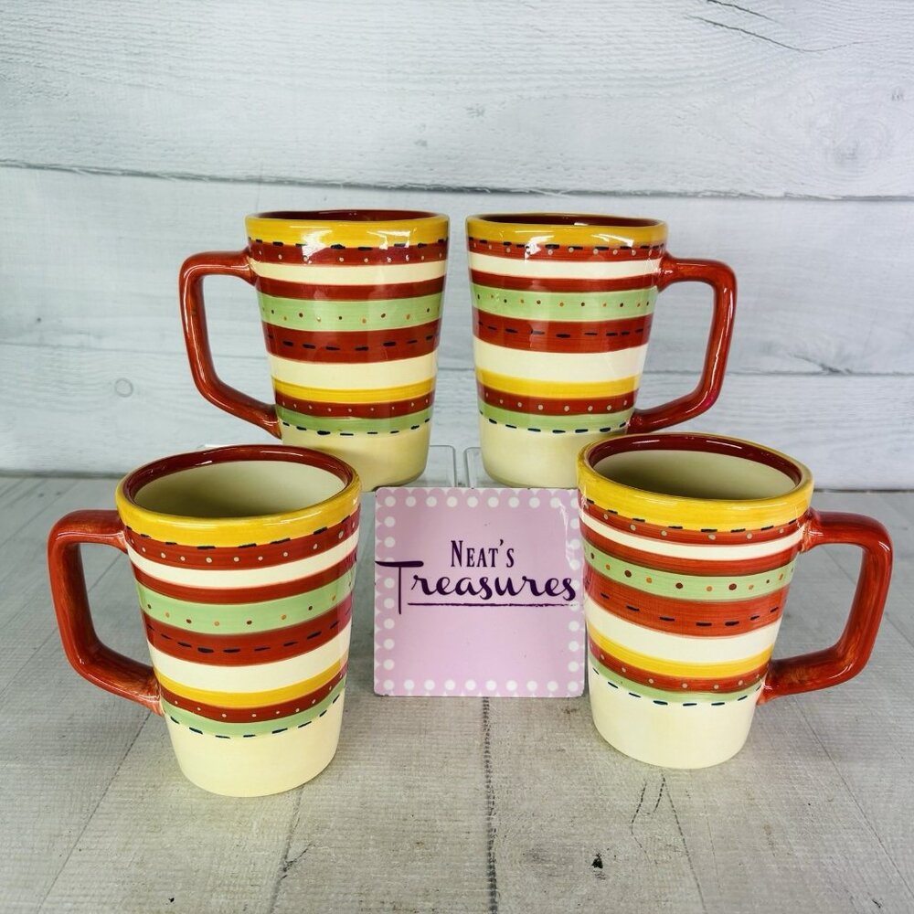 Tabletops HOLLAND STRIPE Green Red HandCrafted Large Latte 16oz Cups Mugs Set 4